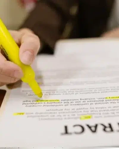 Persona subrayando con resaltador un contrato compraventa coche vicios ocultos para identificar cláusulas abusivas antes de firmar.