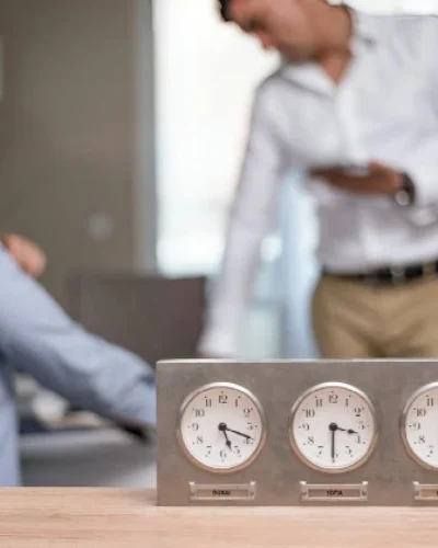 Tres relojes colocados sobre una mesa de oficina. Al fondo, dos personas conversan en un entorno corporativo. La imagen transmite la importancia de la gestión del tiempo en contextos internacionales, en sintonía con los plazos legales para reclamar vicios ocultos